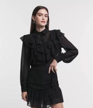 Camisa Manga Longa Em Chiffon Com Babado E Brilho Preto