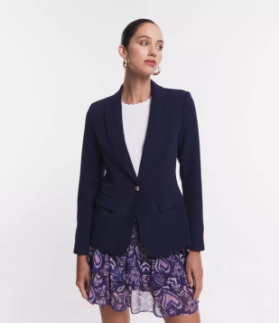 Blazer Em Crepe Com Botão Único E Bolso Com Lapela Azul
