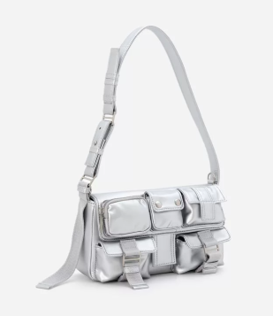 Bolsa Baguete Média Com Bolsos Utilitários Prata