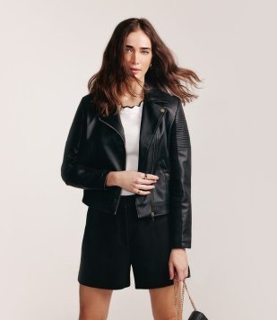 Jaqueta Biker Em Material Sintético Com Ribana No Ombro Preto