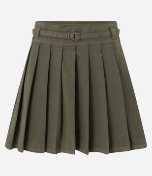 Saia Curta Em Jeans Com Pregas E Cinto Verde