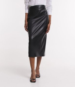 Saia Lápis Midi Em Material Sintético Com Fenda Preto