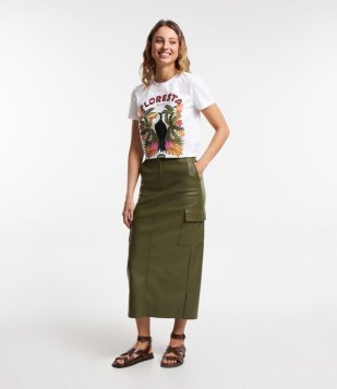 Saia Midi Em Pu Com Fenda E Bolsos Cargo Verde