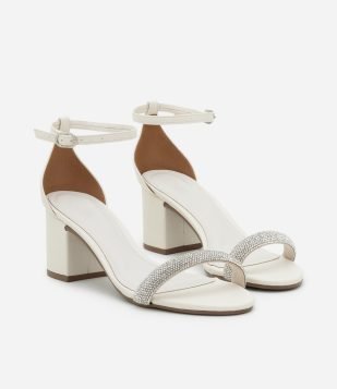 Sandália com Salto Bloco e Tira de Strass Bege