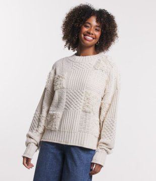 Suéter Em Tricô Com Mix De Pontos Bege