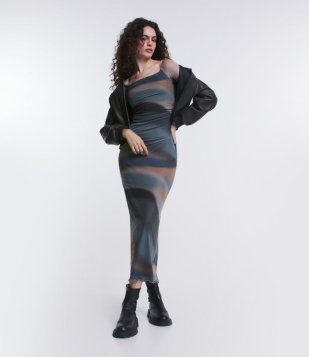 Vestido New Midi Em Tule Com Estampa Abstrata E Fenda Nas Costas Azul/ Cinza