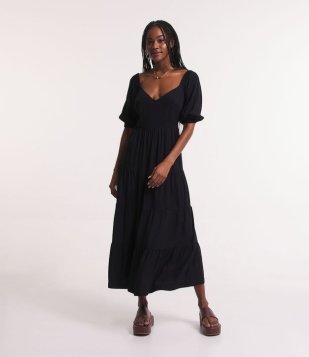 Vestido New Midi Em Viscose Com Lastex E Babado Na Saia Preto