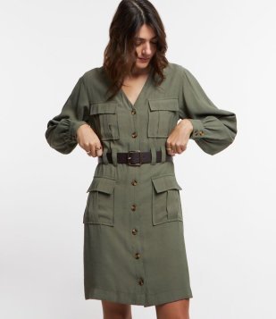 Vestido Em Viscose Com Abotoamento E Cinto Fivela Verde Oliva