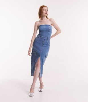 Vestido Midi Em Jeans Com Bolso Cargo E Fenda Frontal Azul
