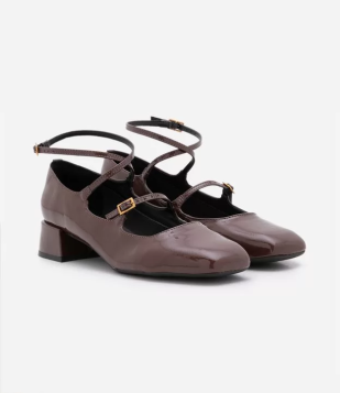 Sapato Boneca Envernizado Com Tiras E Fivelas Marrom