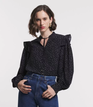 Blusa Com Amarração Na Gola E Babados Nos Ombros Preto