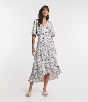 Vestido Midi Em Viscose Com Manga Flare E Estampa Poá Branco Neve
