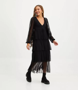 Vestido New Midi Em Tule Com Manga Longa E Estampa Poá Preto