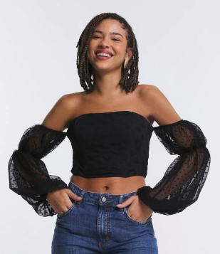 Blusa Cropped Em Tule Poá Corset Com Manga Bufante Preto