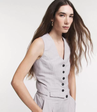 Colete Com Abotoamento E Listras Risca De Giz Cinza