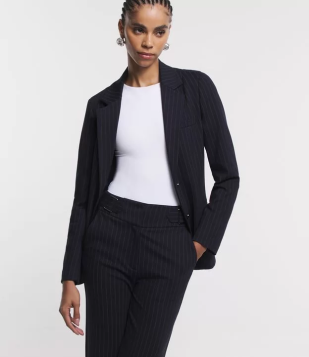 Blazer Em Ponto Roma Com Estampa Risca De Giz Azul Marinho