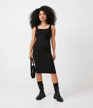 Vestido Midi Básico Com Decote Quadrado Preto