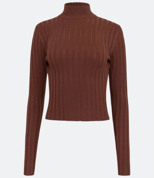 Blusa Em Tricô Canelado Com Gola Alta E Manga Longa Marrom Capuchino