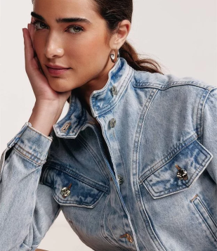 Jaqueta Jeans Com Recortes E Gola Alta Azul