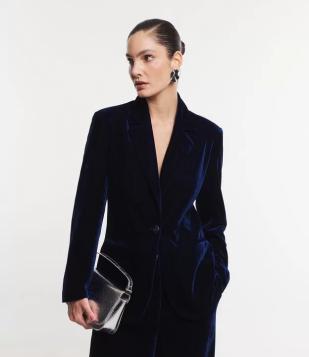 Blazer Em Veludo Com Abotoamento Único E Bolsos Azul