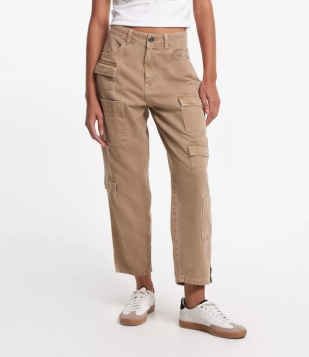 Calça Reta Cropped Em Jeans Com Bolsos Cargo Bege
