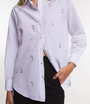Camisa Em Tricoline Com Aplicação De Strass Branco Neve