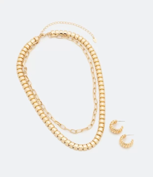 Conjunto Brinco E Colar Camadas Em Metal Com Efeito De Gomos Dourado