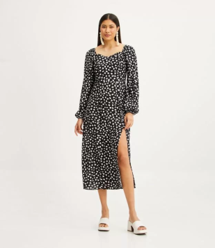 Vestido New Midi Em Viscose Com Fenda E Estampa Floral Preto