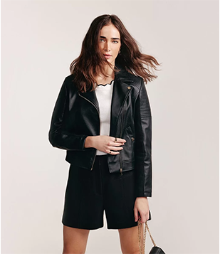 Jaqueta Biker Em Material Sintético Com Ribana No Ombro Preto