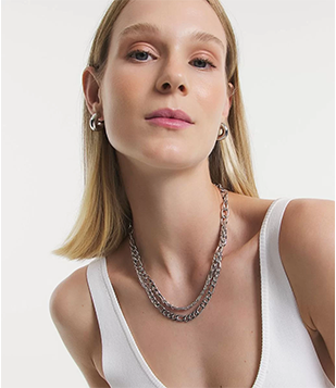 Conjunto Brinco E Colar Com Argola Bold E Correntes Assimétricas Prata