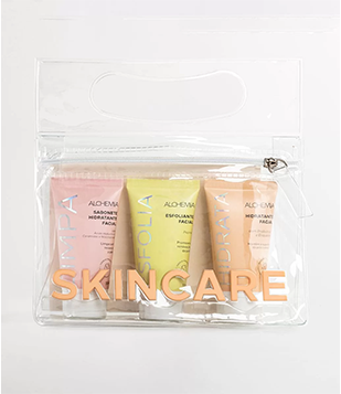 Kit Skincare Com Necessaire Transparente + 1 Sabonete Liquido + 1 Sabonete Esfoliante + 1 Hidratante Para O Rosto Alchemia KIT