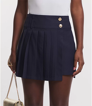 Mini Saia Alfaiatada Com Dois Botões No Cós E Pregas Frontais Azul