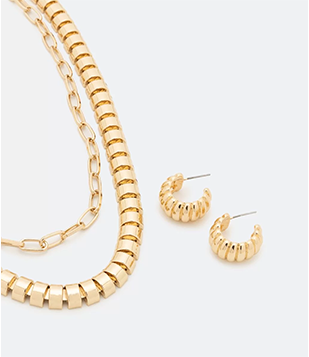 Conjunto Brinco E Colar Camadas Em Metal Com Efeito De Gomos Dourado