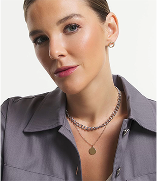 Conjunto Brinco E Colar Duplo Em Metal Com Banho Misto Prata/Dourado