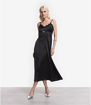 Vestido Slip Dress De Alça Acetinado Com Renda No Busto E Vazado Preto