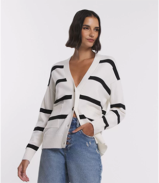 Cardigan Em Tricô Com Abotoamento Frontal E Estampa Listras Branco