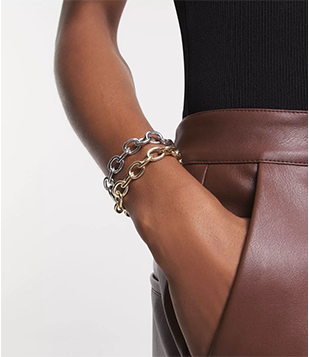 Kit 02 Pulseiras Em Metal Com Elos Ovais Prata/Dourado