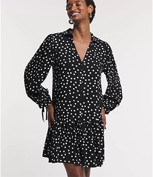 Vestido Em Viscose Com Manga Bufante E Estampa Poá Preto