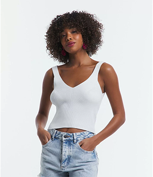 Blusa Cropped De Alça Em Tricô Canelado Com Costas Decotadas Off White