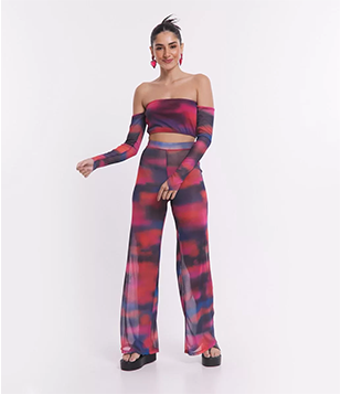 Calça Reta Em Tule Com Estampa Abstrata Manchadinha Rosa