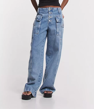 Calça Wide Leg Jeans Com Recorte E Bolso Cargo Azul