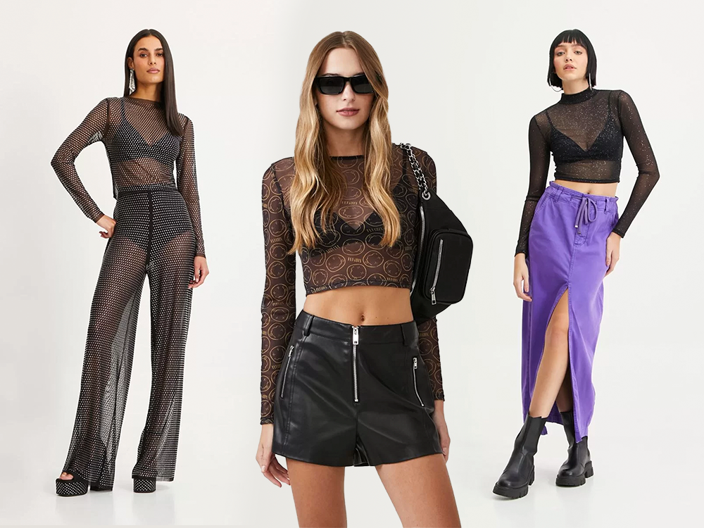 três mulheres vestidas em roupas pretas com transparência