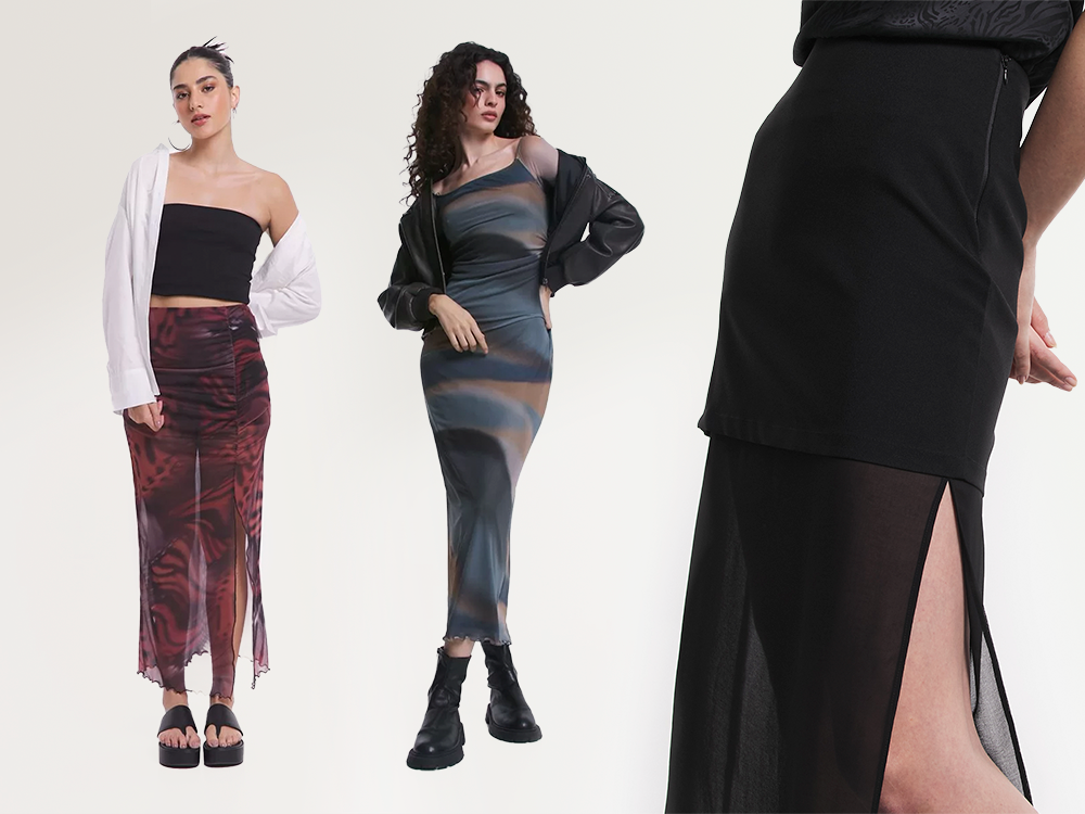 três mulheres usando roupas com transparência