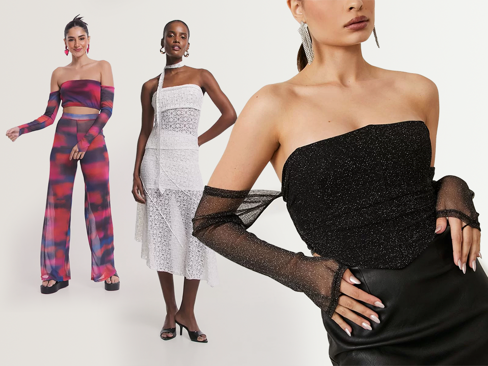 três mulheres usando roupas com transparência