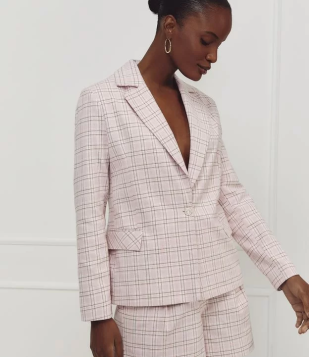 Blazer Alfaiataria Acinturado Com Estampa Xadrez Rosa