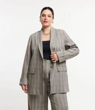 Blazer Alongado Alfaiataria Xadrez Curve & Plus Size Cinza