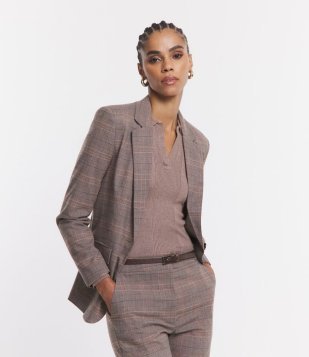 Blazer Alfaiatado Com Abotoamento E Estampa Xadrez Príncipe De Gales Bege Acinzentado