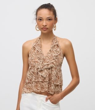 Blusa Frente Única em Chiffon com Babadinho e Estampa Animal Print Amarelo