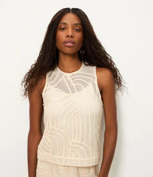 Blusa Sem Manga com Textura Crochetada Bege