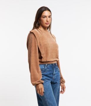 Blusa Texturizada em Plush com Babados Marrom